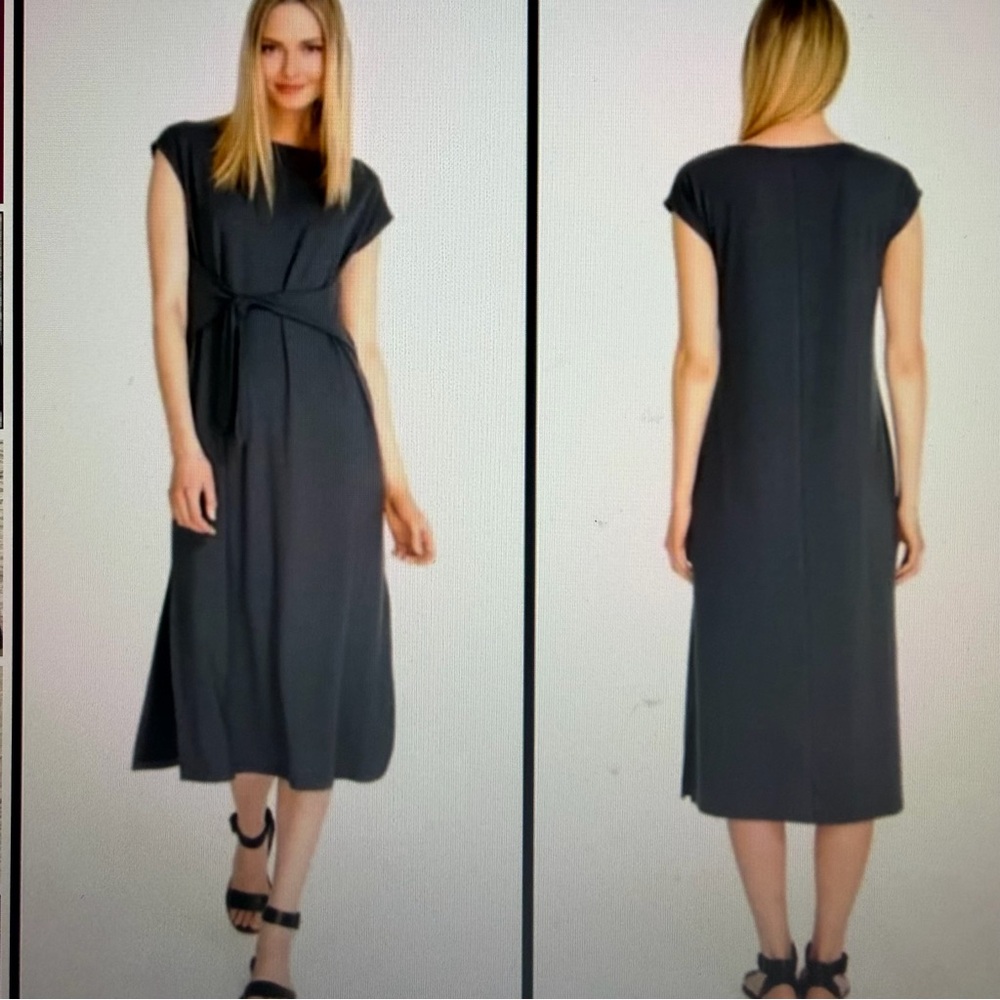 Johnny Was Calme Dress M | Gray Tie Waist Midi Side Slits Cap Sleeve